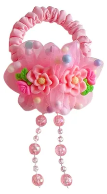 Produktbild von Haargummi aus weichem Organza in Blumenform mit Plüschquasten und Imitationsperlen, hochelastisches Haargummi für Haarknoten, Haaraccessoires J