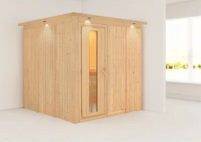 Produktbild von Karibu Sauna Innensauna Rodin Fronteinstieg ohne Zubehör 210x210x202 cm mit Dachkranz mit Energiespartür
