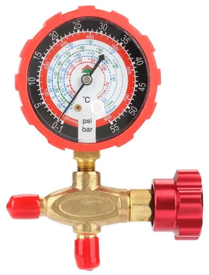 Imagen del producto de Manómetro para sistemas de aire acondicionado, con válvula manométrica, 800 psi, 55 kgf cm. Compatible con los refrigerantes R404a, R22, R410 y R134A