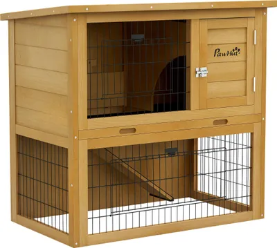 Image de PawHut Clapier š€ lapin cage š€ lapin 2 šŠtages avec 3 portes verrouillables plateau coulissant rampe et toit bitumšŠ bois massif, 85 x 50 x 80 cm, jaune