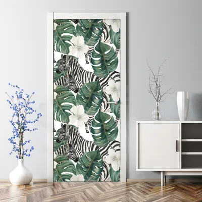 Produktbild von Dekorative Türtapete selbstklebend Aufkleber Klebefolie Zebra Tiere Blätter 77 x 200 cm