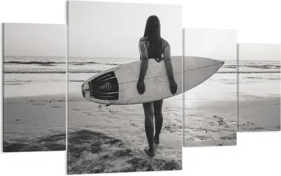 Produktbild von Bild auf Leinwand - Leinwandbild - 4 Teile - Frau Strand Surfen - 160x90cm - Wand Bild - Wanddeko - Wandbilder - Leinwanddruck - Bilder - Wanddekoration - Leinwand bilder - Wandbild - DL160x90-5036