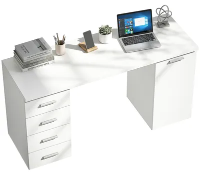 Produktbild von HOMCOM Computertisch Schreibtisch mit 4 Schubladen, verstellbarem Regal, Weiß