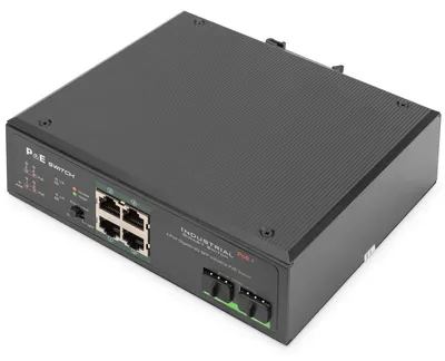 Produktbild von DIGITUS 4 Port Gigabit Ethernet Netzwerk PoE Switch, Industriell, Unmanaged, 2 SFP Uplink