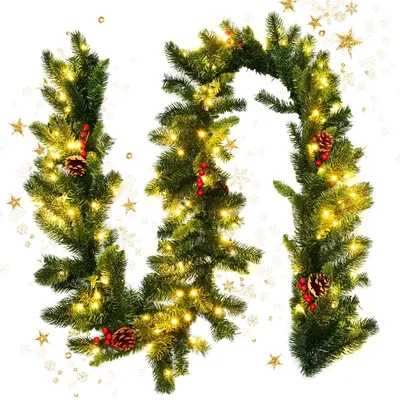 Produktbild von GOPLUS 270 cm Weihnachtsdeko Girlande mit 100 LED-Leuchten, Weihnachts-Girlande, Tannenzapfen und roten Beeren, Dekorationsgirlande mit Timer