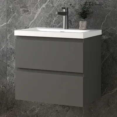 Produktbild von 60 cm Badmöbel-Set Unterschrank mit Rechteckiges Waschbecken 2 Schubladen soft-close Anthrazit Matt Selbstmontierter