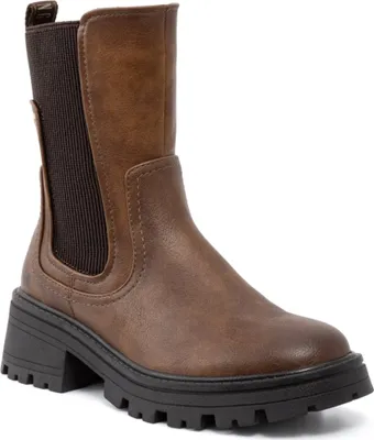 A single brown Chelsea boot with a thick sole is shown against a white background.