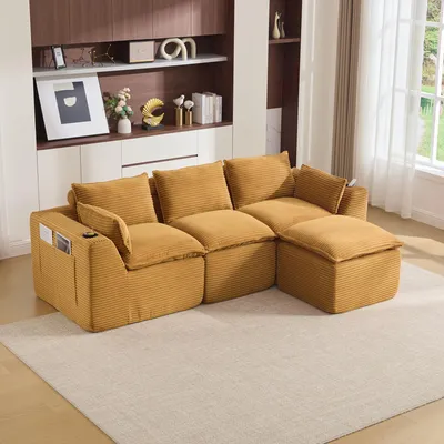 Produktbild von MODFU Dreisitzer Ecksofa,Modulares Big Sofa mit Fußhocker,Relaxsofa mit Kissen, Getränkehalter und 2 Seitentaschen,Cord,Orange