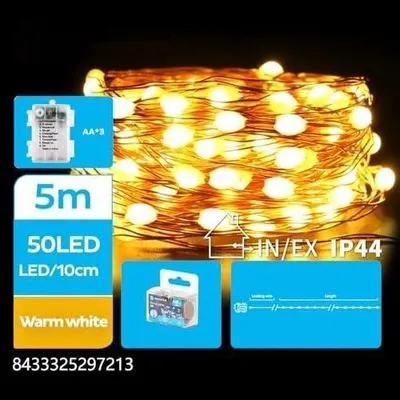 LED-Lichterkette 5 m warmweiß, Kupferdraht, 3 AA-Batterien