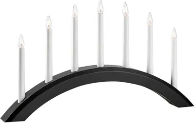 A black arched candle holder with seven white candle-shaped lights.