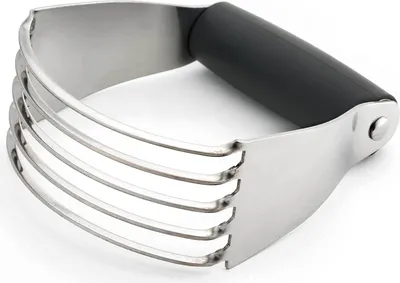 A pastry blender with stainless steel blades and a black handle is shown against a white background.