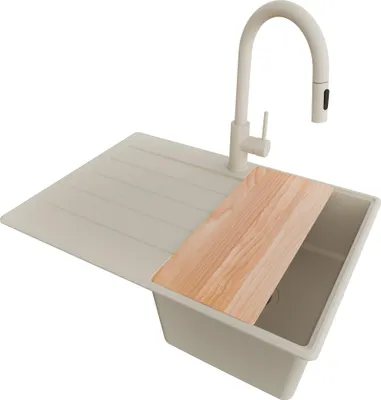 Produktbild von PRIMAGRAN Granitspüle Beige 70x50cm, Spülbecken 1 Becken + Küchenarmatur 40x20cm + Ablauf-Set + Schneidebrett, Küchenspüle ab 40er Unterschrank - Kopenhagen