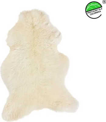 A single sheepskin rug is displayed against a white background.