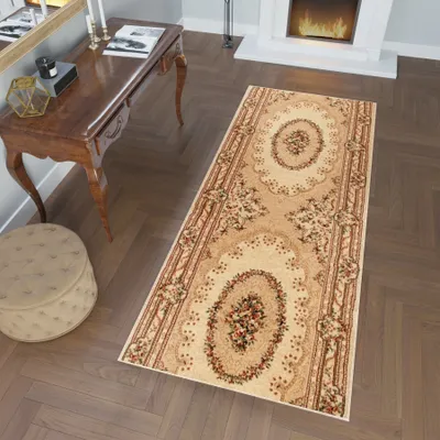 Produktbild von Läufer Teppich Meterware Flur Wohnzimmer Schlafzimmer Kurzflor Braun Beige Klassisch Design Meliert  60 x 480