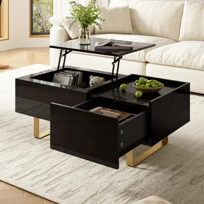 Produktbild von Merax Hochglanz Höhenverstellbarer Couchtisch mit Schublade und Eisenfüßen, Hochglanz Sofatisch aus MDF, Stauraum-Tisch, Wohnzimmertisch modern,Schwarz