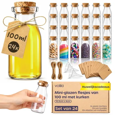 Obrázok produktu pre Solidchoice – Súprava 24 malých sklenených nádobiek s korkovými viečkami, objem 100 ml