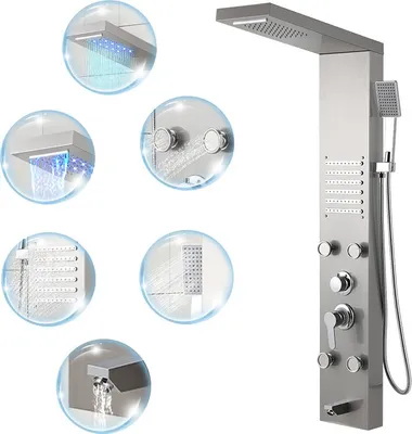 Immagine prodotto di Pannello doccia in acciaio inox Bettizia con getti massaggianti, doccia a pioggia, doccetta, colonna doccia a cascata (acciaio inox spazzolato)