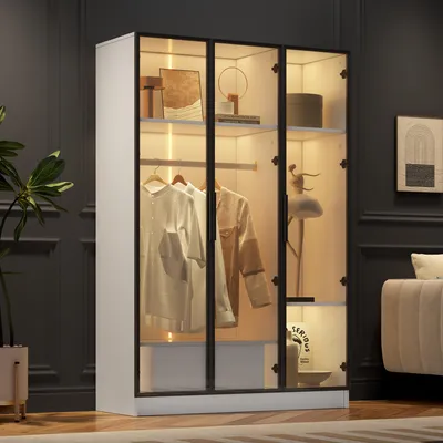 Image de MODFU Armoire Penderie 3 Portes Vitrées avec LED Intégrée et Tiroir - Design Contemporain pour Chambre ou Séjour - 110x50x160 cm - Blanc