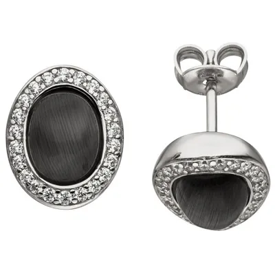 Produktbild von Ohrstecker oval 925 Sterling Silber 2 Mondstein-Imitationen 44 Zirkonia Ohrringe