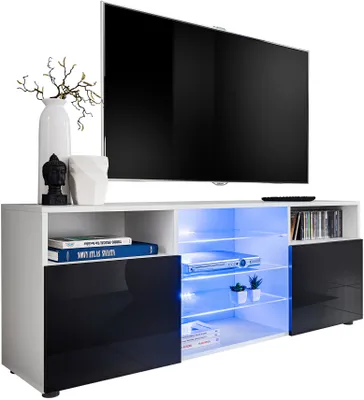 Obrázek produktu pro Extreme Furniture T38 TV Skříňka | Skříňka Do Obývacího Pokoje Se 3 Skleněnými Policemi A 2 Dveřmi Bílý Korpus A Černá Čela