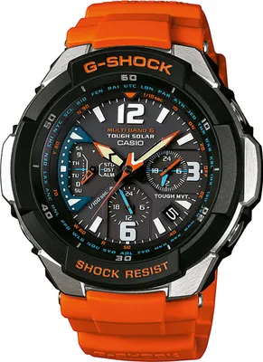 A close-up studio shot of a Casio G-Shock watch with an orange band.