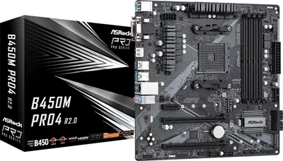 Produktbild von Asrock B450M Pro4 R2.0, AMD, Sockel AM4, AMD Ryzen™ 3, AMD Ryzen™ 5, AMD Ryzen™ 7, DDR4-SDRAM, 128 GB, DIMM