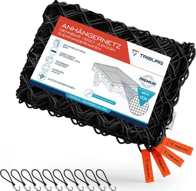 Produktbild von TRIBURG Anhängernetz dehnbar 1,5x2,7 m bis 2,5x3,5 m + 10 Expander Haken-Haken I Ladungssicherung I Anhängerzubehör I Transportnetz