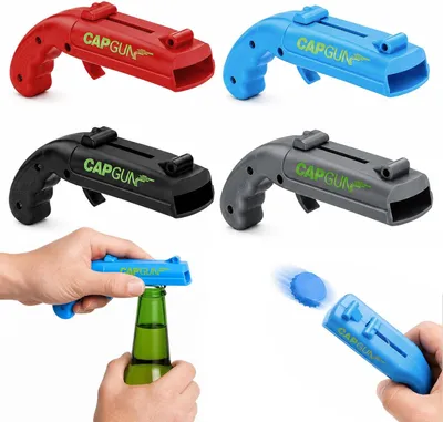 Produktbild von Cap Gun Flaschenöffner Pistole – Set mit 4 Stück – Lustiges Spielzeug mit Schussgeräuschen – Biergeschenk für Männer – Witziger Flaschenöffner für Partys