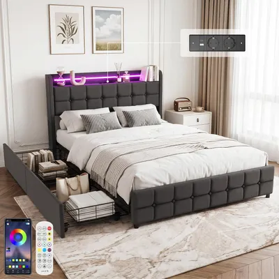 Produktbild von OYAJIA Polsterbett 90x200cm mit USB und Steckdosen, Jugendbett Einzelbett mit 2 Schubladen, Stauraumbett Massivholzbett mit LED und Lattenrost, Leinen