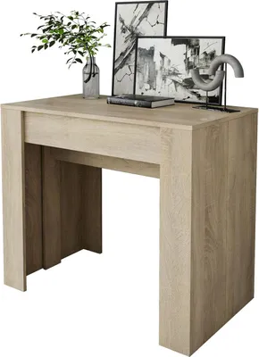 A light brown wooden console table with decorative items on top.