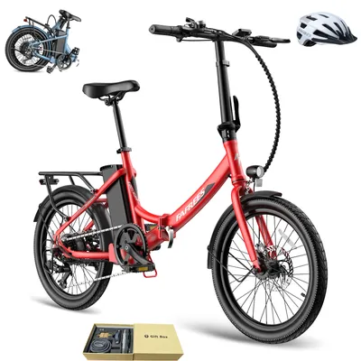 A red folding electric bicycle is displayed with a white helmet and a gift box containing accessories.