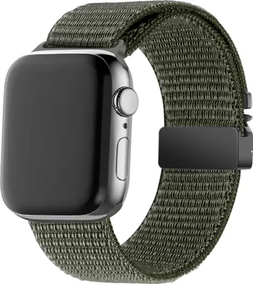 Produktbild von Bandz Nylonarmband ‚Classic‘ mit Parachute-Verschluss – passend für Apple Watch Series 1/2/3/4/5/6/7/8/9/10/SE/Ultra – iWatch Nylonarmband für große Größen: 44/45/46/49 mm (Armeegrün)