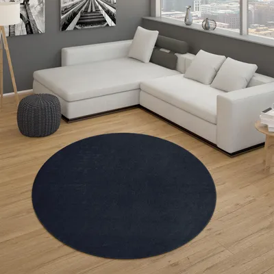 Image de Tapis Salon À poils courts Chambre à coucher Moderne Motif uni Bleu foncé Taille 160 cm Rond