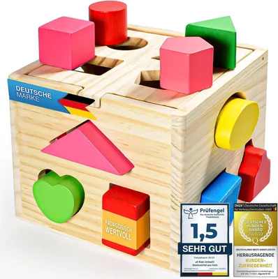 Produktbild von all Kids United Steckwürfel aus Holz: Pädagogisches Motorikspielzeug & Formensortierer Steckbox für Kleinkinder – Premium Holzspielzeug