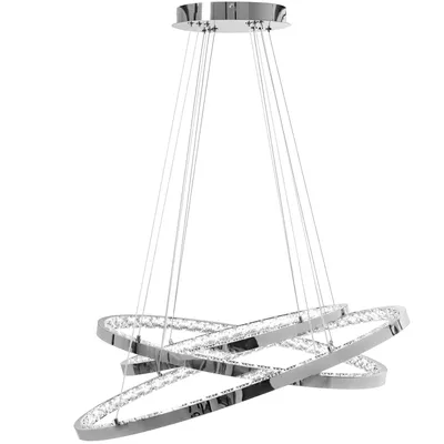 A modern chandelier with three interlocking rings, adorned with crystals, suspended by thin wires from a circular ceiling mount.