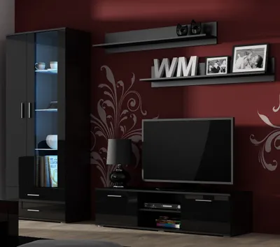 Produktbild von Furniture24 Wohnwand SOHO 11 mit Blauer LED Beleuchtung, Anbauwand, Wohnzimmerschrank, Schrankwand, Vitrine, Lowboard, Hängeregal Schwarz/Schwarz Hochglanz