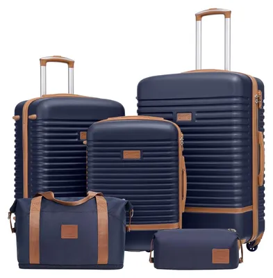 Immagine prodotto di Set valigie trolley rigide ABS - 5 pezzi - Blu e marrone - Lucchetto TSA - Valigia da viaggio, bagaglio a mano, borsa da viaggio e beauty case