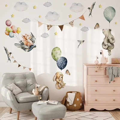 Immagine prodotto di Adesivo murale Muralo per la stanza dei bambini palloncini stelle nuvole animali 60x30cm