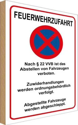 Produktbild von vianmo Holzschild 30x20 cm Feuerwehrzufahrt nach §22VVB   Straßenschild