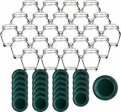 Produktbild von gouveo 24er Set Einmachgläser 106 ml Henkel mit Schraubdeckel grün - Kleines Vorratsglas mit Deckel für Marmelade, Konfitüre, Selbstgemachtes
