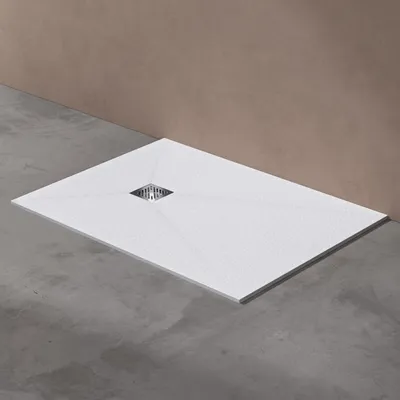 Image de doporro Receveur de Douche Ultra Plat 3 cm Bac à Douche Rectangulaire en Solid Surface Blanc Mat Design Geoma09 100x120x3 cm avec Bonde AL06