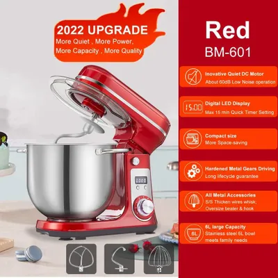 Produktbild von Küchenmaschine Standmixer - BM601 Knetmaschine - 1200 W Leistung - 6 L Edelstahlschüssel - 6 Stufen - Schwenkbarer Kopf - Leiser Motor - Rot EU-Stecker 220 V