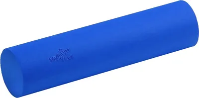 A blue foam roller with a logo embossed on it, set against a white background.