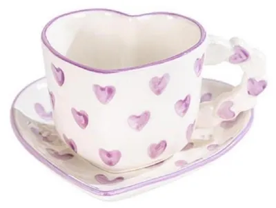 Produktbild von Kaffeetasse mit Untertasse Set Herzform 250ml Lila Keramik