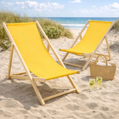 Produktbild von 2er Set Liegestuhl Doppelpack Strandliege Liege Stuhl Strand Sonnenliege Gartenliege Klappstuhl Gelb