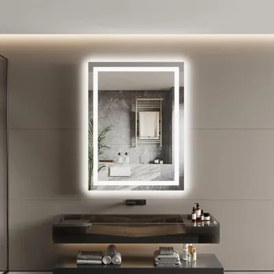 Produktbild von Hinterleuchteter LED-Badezimmerspiegel - 60x80 cm Rechteckiger Smart Spiegel - Beschlagfrei - Dimmbar - Memory-Funktion - Horizontal/Vertikal Montierbar - Gelb