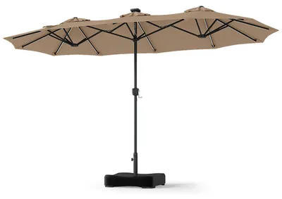 Produktbild von KOMFOTTEU Doppelter Sonnenschirm, 370 x 200 cm Gartenschirm mit 108 Solar-LED-Leuchten, Marktschirm mit Kurbel, 12 Rippen & Ständer, Sonnenschutz, Terrassenschirm für Garten & Balkon