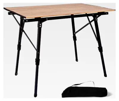Produktbild von Höhenverstellbarer Campingtisch aus Aluminium | Klapptisch mit Holzoptik-Tischplatte 90 cm x 59 cm x 45-71 cm