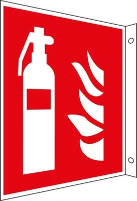 Produktbild von Brandschutz-Fahnenschild "Feuerlöscher", für Innen- und Außenbereiche, in verschiedenen Größen verfügbar, Maße 30 x 30 cm, Material Aluminium, Techn. Eigenschaften geprägt, langnachleuchtend, Verpackungseinheit: 1 STK