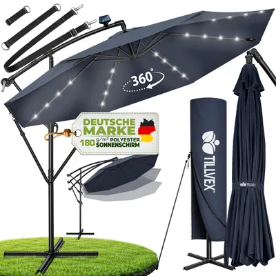 Produktbild von tillvex Alu Ampelschirm Navy-Blau LED Solar Ø 350 cm mit Kurbel | Sonnenschirm mit An-/Ausschalter | Gartenschirm UV-Schutz Aluminium | Kurbelschirm mit Ständer Marktschirm wasserdicht